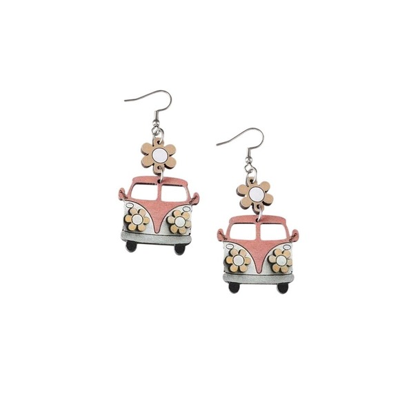 Pink and Gray Flower‎ Hippie Van Earrings - Picture 1 of 6